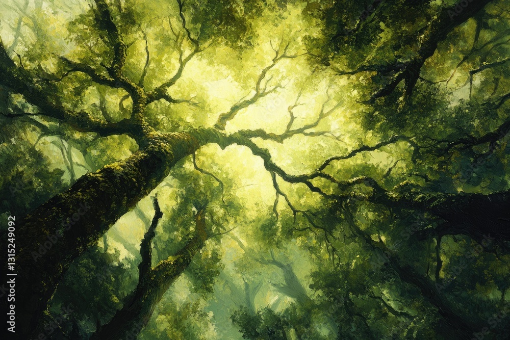 Poster a low-angle view of a lush, sun-dappled forest canopy, showcasing the intricate details of ancient t