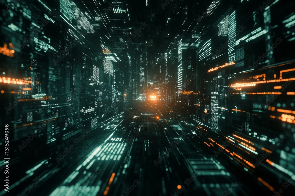 Poster futuristic abstract digital tunnel with glowing lights and data flow in a cyberspace environment