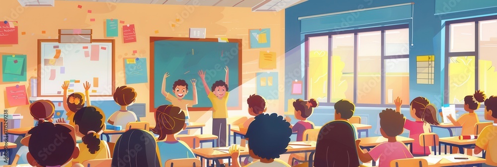 Poster lively classroom of engaged students participating in various learning activities with colorful educ