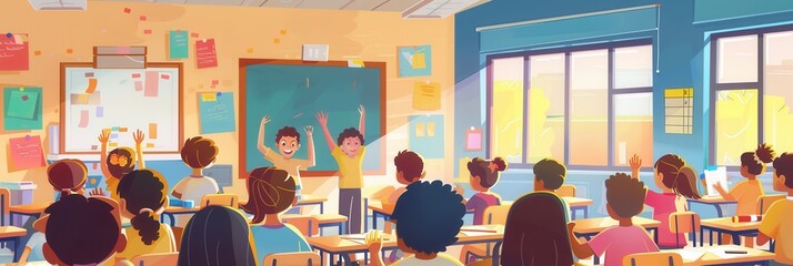 Lively classroom of engaged students participating in various learning activities with colorful educational materials and a bright atmosphere