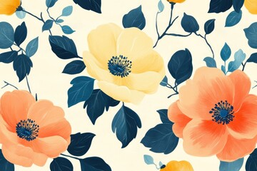 A seamless pattern featuring vibrant yellow and orange flowers with dark teal leaves on a cream background.