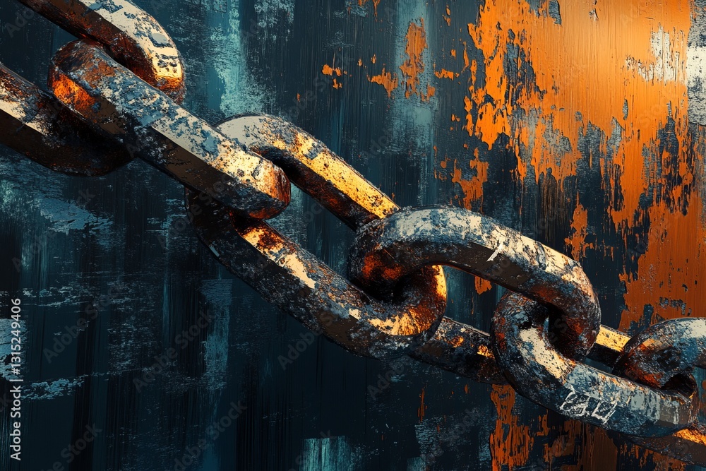 Poster a close-up view of rusty chain links displayed against a vivid textured background featuring blue an