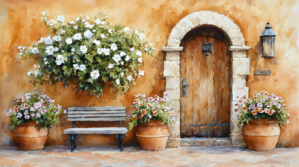 Tuscan courtyard entrance,  wooden door, flower pots, bench, inviting atmosphere, ideal for travel brochure