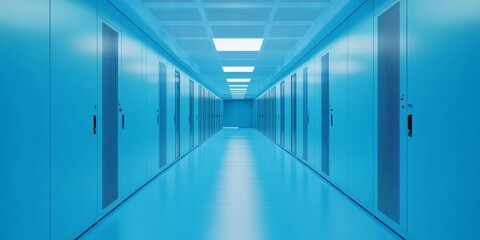 Obraz premium A modern blue hallway featuring storage cabinets, showcasing a clean and organized design. The symmetrical layout emphasizes a futuristic and high-tech environment.