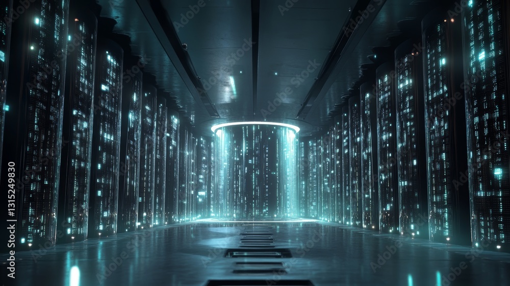 Aufkleber a futuristic data center showcasing glowing neon lights and high-tech architecture. the scene convey
