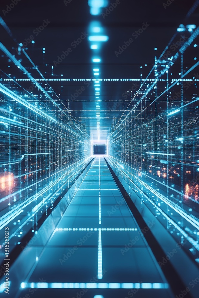 Poster this stunning image depicts a futuristic digital tunnel illuminated by glowing blue lines, creating 
