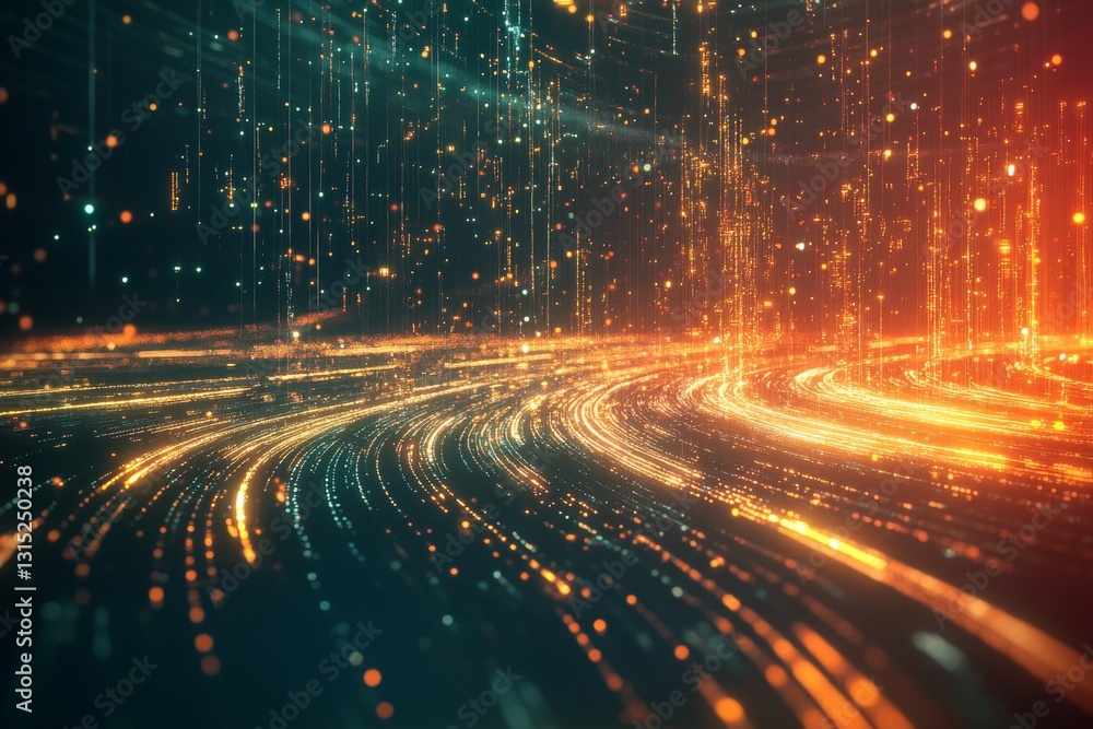 Poster dynamic flowing particles and light trails in abstract colorful digital space