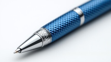 Close-up of Blue Metal Ballpoint Pen on White Background