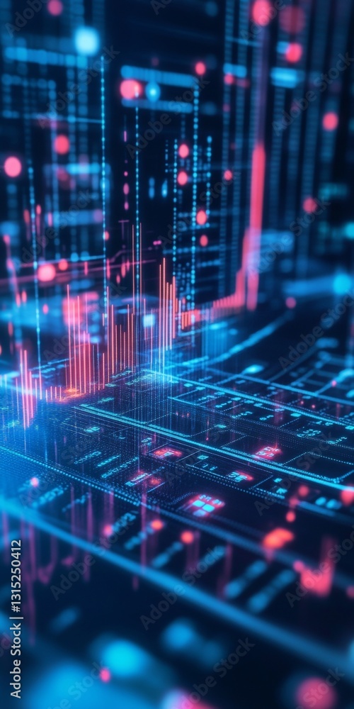 Poster futuristic digital data visualization with abstract geometric patterns and neon light effects