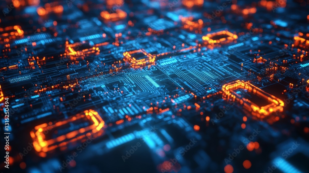 Poster a computer chip with orange and blue lights is displayed. the image is a close-up of the chip, showc