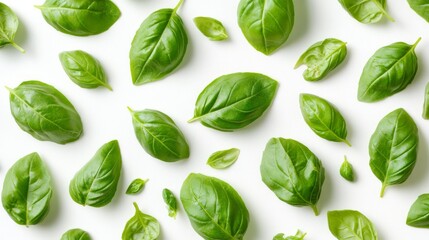 Lively, fresh basil leaves displayed on a white backdrop, highlighting their deep green hue and unique form