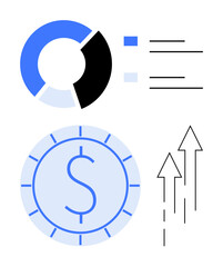 Pie chart with data lines, dollar coin, and three upward arrows representing financial growth, investment strategy, and profitability. Ideal for business, finance, statistics, marketing economy