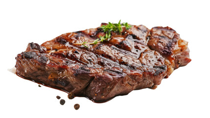Grilled beef steak with thyme and peppercorns on transparent background