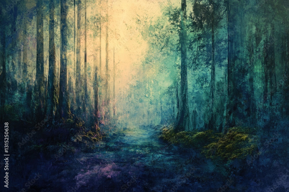 Aufkleber enigmatic forest path shrouded in mist and dappled sunlight, creating a mystical ambiance.