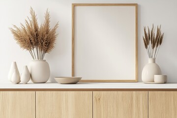 A simple setup with an empty frame and two potted plants on a wooden table evokes a calm and welcoming ambiance