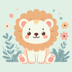 cute lion illustration with flowers kawaii style
