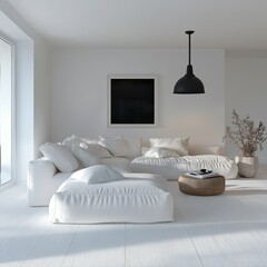 A modern minimalist living room with white furniture