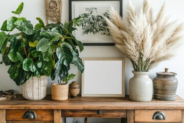 A pared-down decor featuring an empty frame, potted greenery, and dried flowers on a wooden table, promoting a tranquil aesthetic