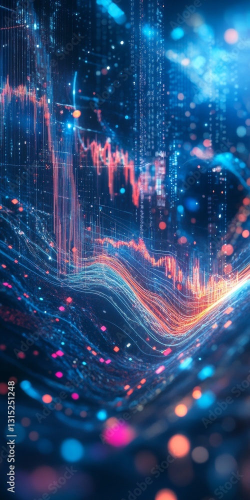 Poster dynamic abstract digital visualization of data analytics with neon colors and flowing patterns
