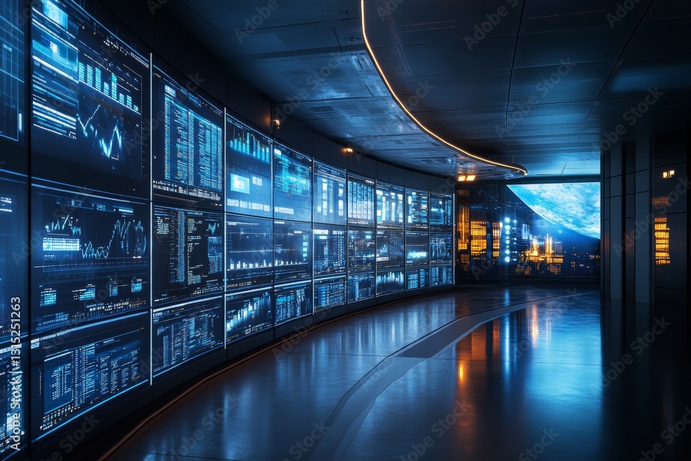 Poster futuristic digital display environment with blue lighting and high-tech architecture