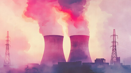 Pink sunset over industrial power plant with cooling towers and high voltage pylons; environmental pollution concept