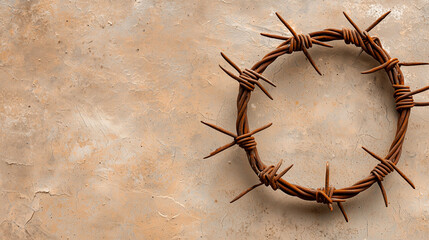 Rusty barbed wire loop on textured neutral background