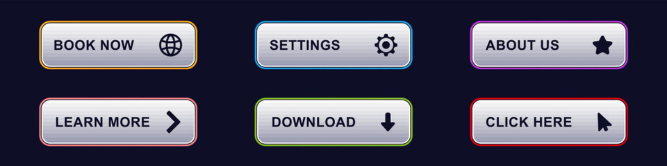 Six buttons with icons for booking, settings, about, learning, downloading, and clicking actions.