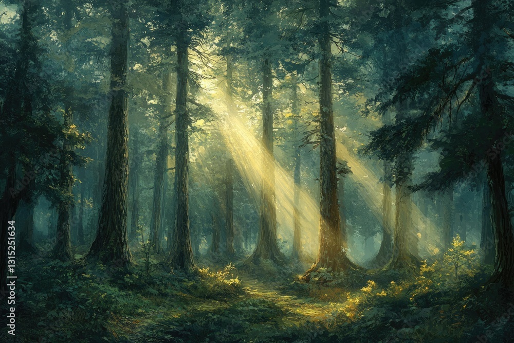 Poster sunbeams pierce a dense, mystical forest, illuminating a tranquil path through towering trees.