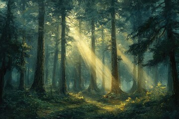 Fototapeta premium Sunbeams pierce a dense, mystical forest, illuminating a tranquil path through towering trees.