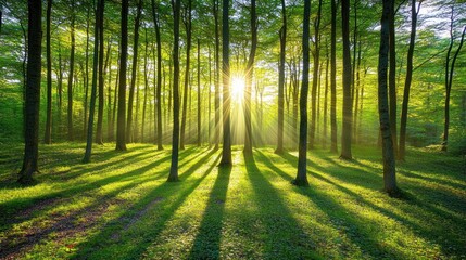 Sunbeams Illuminating a Serene Forest: A Picturesque Dawn in the Woods