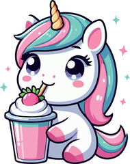 cute unicorn drinking milkshake illustration kawaii style