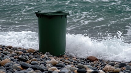Green garbage bin stands among rocks by the sea, capturing the serene coastal atmosphere with rolling waves nearby.