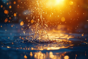 Sparkling water droplets rise and fall in a serene pond at sunset, surrounded by soft bokeh lights