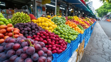 Obraz premium A street market in Thailand, vibrant colors, fresh exotic fruits, bustling local atmosphere