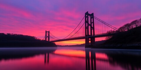 Fototapeta premium Pink Sunrise over Bridge, Calm River