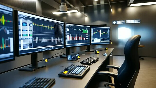 A detailed shot of a control room in an oil and gas facility with pipelines and valves in the background, showcasing the integration of technology and infrastructure in energy prod