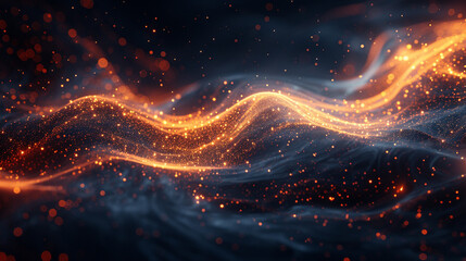 Obraz premium Abstract wavy design with glowing orange particles, dark background.