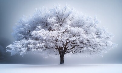 Fototapeta premium Winter tree covered in frost with snow dusted landscape, seasonal, tree, frost, icy, frozen