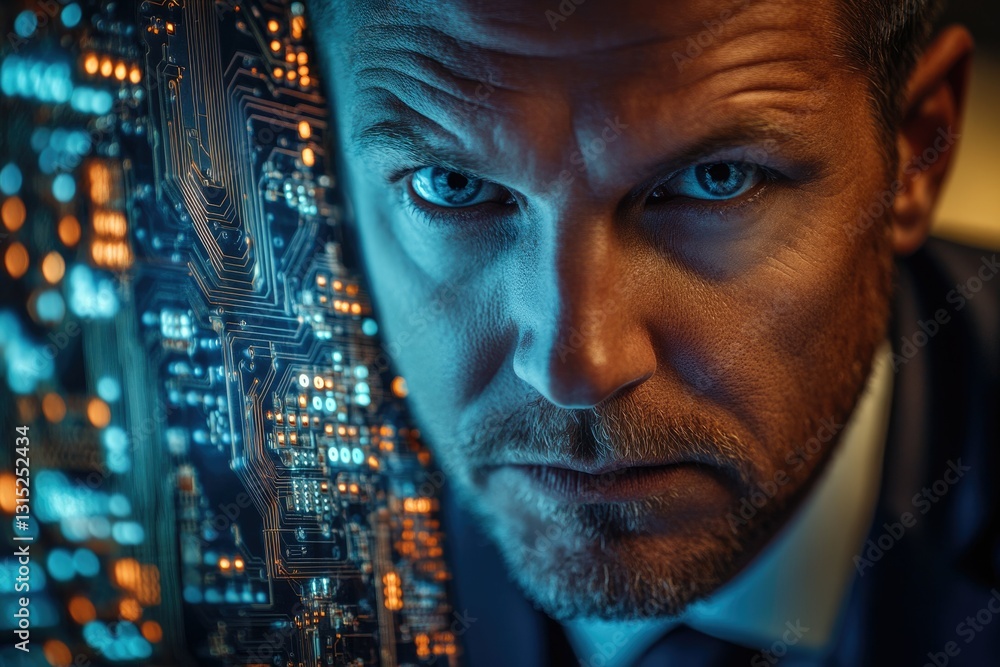 Leinwandbilder a man's intense gaze merges with a circuit board, symbolizing the intersection of human intelligence