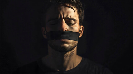 A person whose right to speak is censored and who is unable to voice their thoughts, completely isolated from all events, symbolizing the censorship of speech and the prevention of individual freedom.