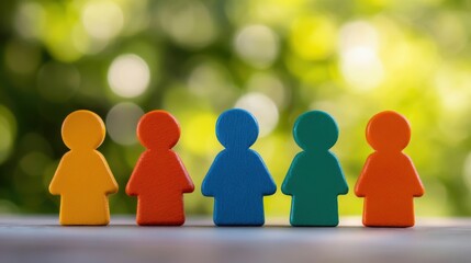 Colorful wooden figures representing unity and diversity against a blurred green background.