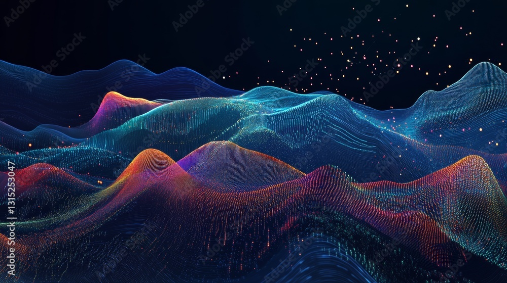 Poster colorful abstract data visualization with waves and particles in a modern digital landscape