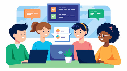 Fototapeta premium Through their webcam screens a group of students discuss and troubleshoot a particularly tricky coding problem at their virtual coding bootcamp session.. Vector illustration