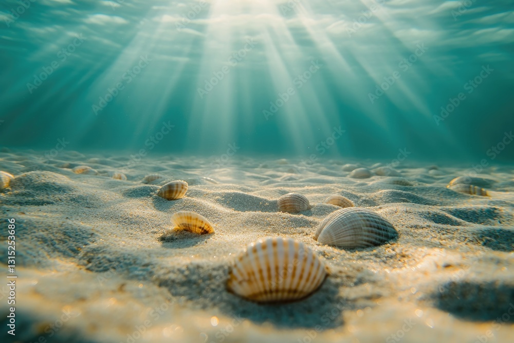 Poster sunbeams illuminate seashells scattered on a pristine underwater sandy seabed.