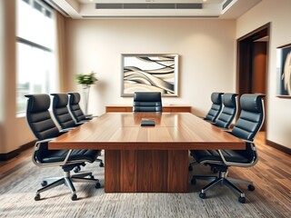 Fototapeta premium Modern Conference Room with Wooden Table and Leather Chairs