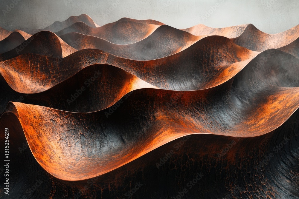 Aufkleber Abstract rendering of undulating, dark orange and black textured surfaces resembling a metallic landscape.