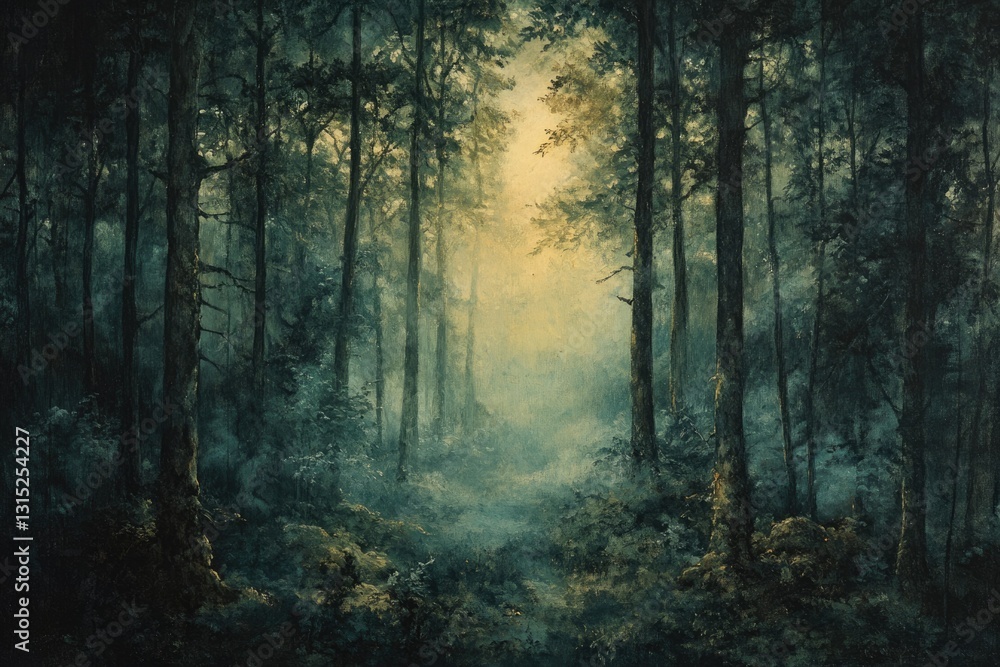 Poster a sunlit path through a dense, mystical forest, creating an ethereal and serene atmosphere.