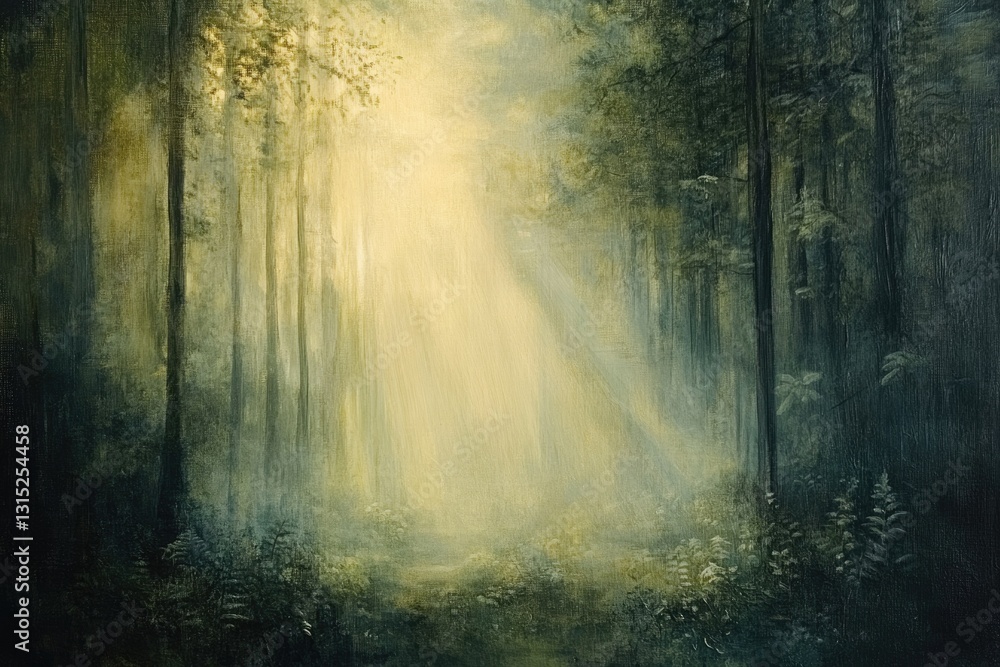 Poster sunbeams pierce a misty forest, illuminating a path through tall trees and lush undergrowth.