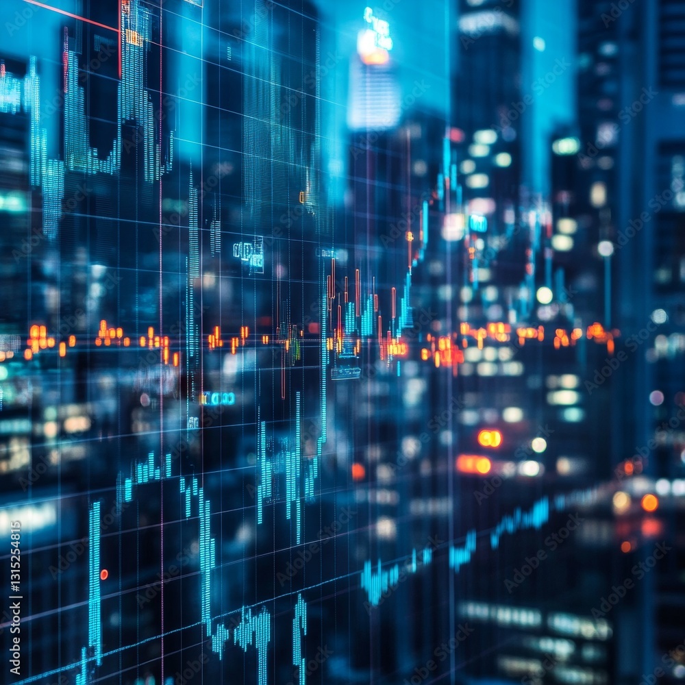 Poster digital financial data visualization with graphs and charts reflecting a night cityscape