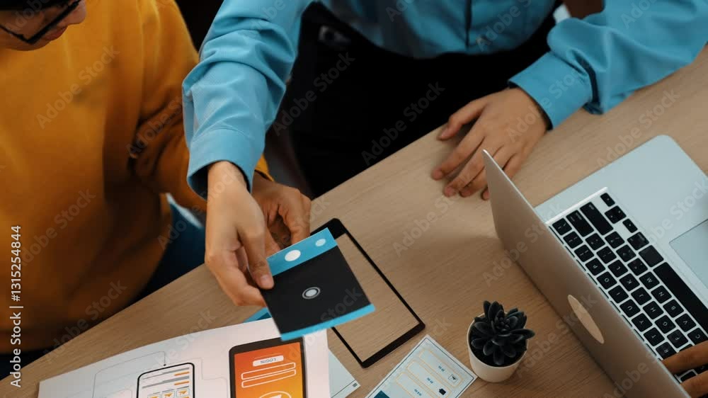 Poster excellent startup company employee presenting user interface prototype for mobile application to sma